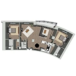Floor plan of a curved apartment layout. Includes two bedrooms, a living room, kitchen, and dining area. The design features are modern with light-colored furnishings and wooden flooring throughout. Garden view suggested by balcony positioning.