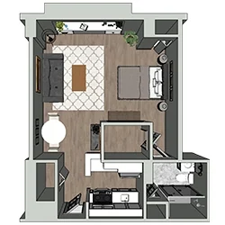 Floor plan of a small apartment featuring a living area with a sofa, coffee table, and rug; a bedroom with a bed and nightstands; a kitchen area with appliances; and a bathroom with a shower. Neutral color scheme with wood flooring.