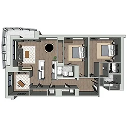 Floor plan of a two-bedroom apartment. It features a living room, kitchen, two bedrooms, two bathrooms, and a balcony. The layout includes light and dark wood flooring and white tiled areas in the kitchen and bathrooms.