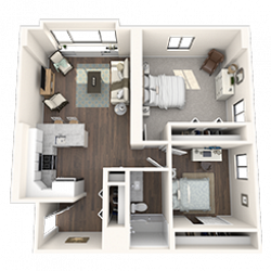 3D floor plan of a small apartment featuring a bedroom, bathroom, kitchen, and living area. The living room has a couch facing a TV. The bedroom has a double bed with two nightstands. The kitchen includes modern appliances and a small dining area.