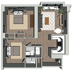Floor plan of an apartment featuring two bedrooms, a bathroom, a living room with a fireplace, and a kitchen. The layout includes wood flooring and neutral wall colors, with furniture arranged in each room.