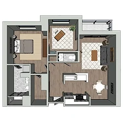 A 3D floor plan of a one-bedroom apartment, featuring a bedroom, bathroom, kitchen, and living area. The layout includes a dining table, sofa, and TV in the living space, with wooden and tiled flooring throughout.