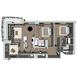 Floor plan of an apartment featuring two bedrooms, a living room, kitchen, dining area, and two bathrooms. Includes a balcony with seating, and various furniture placements like beds, sofas, and tables.