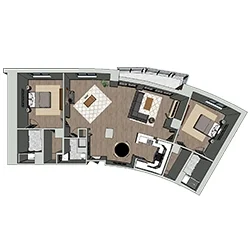 A 3D floor plan featuring two bedrooms, each with a bed and side tables, a shared bathroom, a central open living area with a sofa and coffee table, and a kitchen with dining space. The design includes curved outer walls and ample windows.