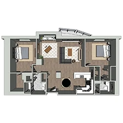 Floor plan of an apartment featuring two bedrooms with beds, a living room with sofas, a kitchen with an island, and two bathrooms. The layout includes wood flooring and a small balcony space at the top.
