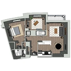 Floor plan of a modern apartment featuring two bedrooms, a bathroom, a kitchen with an island, a dining area, and a living room. The layout includes some furniture placements and a balcony.
