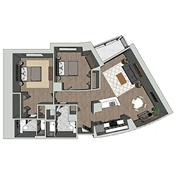 A 3D floor plan of an apartment featuring two bedrooms, two bathrooms, a living room, and a kitchen. The layout includes hardwood flooring and a curved wall in the living area with large windows.