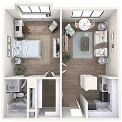 A 3D floor plan of a small apartment showing a bedroom, bathroom, kitchen, and living area. The bedroom has a bed and desk, the kitchen includes appliances, and the living area has a sofa and table. Wood flooring is present throughout.
