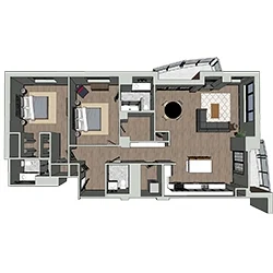 Floor plan of a two-bedroom apartment with a living area, kitchen, dining space, two bathrooms, and a balcony. The layout shows furniture placement, including beds, sofas, and a dining table, on wooden flooring.