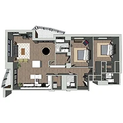 A 3D floor plan of an apartment with two bedrooms, two bathrooms, a kitchen with an island, a living area, and a balcony. The layout shows furniture placement and room dimensions.