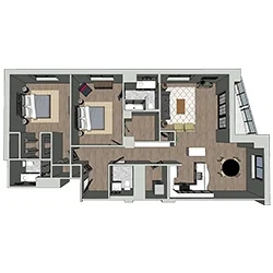 Floor plan of an apartment featuring two bedrooms, two bathrooms, a kitchen, and a living area. The layout includes a dining table, a small office space, and windows on one side, with hardwood flooring throughout.