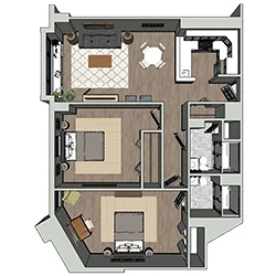 A 3D floor plan of an apartment showing two bedrooms, a living room, a kitchen, a dining area, and two bathrooms. The layout includes furniture and large windows in the living and dining areas.