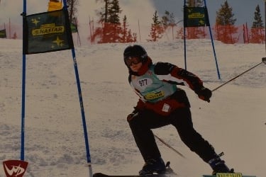A skier in a race navigates through a slalom course marked by blue poles on a snowy slope. They wear a black helmet, goggles, and a numbered bib. Pine trees and safety netting are visible in the background.