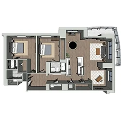 A 3D floor plan of an apartment with two bedrooms, a living room, a kitchen, and a dining area. The layout includes two bathrooms and a balcony. The rooms are furnished with beds, sofas, tables, and kitchen appliances.