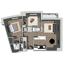 A 3D floor plan of an apartment showing a bedroom, bathroom, living room, and kitchen. The layout includes furniture, such as a bed, sofa, table, and chairs, with wood and tile flooring throughout.