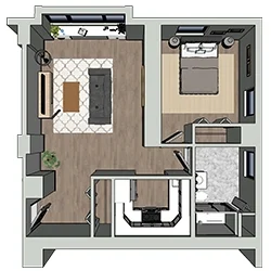 A 3D floor plan of a compact apartment featuring a living room with a sofa and TV, a bedroom with a bed, a kitchen with an L-shaped counter, and a bathroom. The space includes hardwood and tile flooring, and multiple windows.
