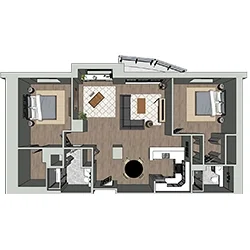 Floor plan of a two-bedroom apartment featuring two beds, a living area with a sofa and table, a kitchen, and two bathrooms. The layout is compact with an open-plan design, and the space includes modern furnishings.