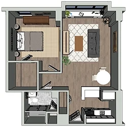 A 3D floor plan showing a one-bedroom apartment. It includes a bedroom with a bed, a living area with a sofa and table, a small dining area with a round table, a kitchen with appliances, and a bathroom with a shower.