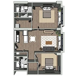 A 3D floor plan of an apartment featuring two bedrooms, two bathrooms, a living room, a kitchen, and a dining area. The layout shows furniture placement and room dimensions, with wooden flooring and windows in each room.