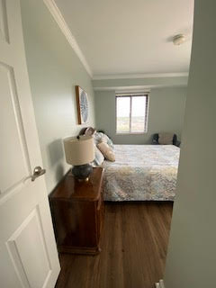 A cozy bedroom with light blue walls, featuring a large bed adorned with patterned pillows and a quilt. A wooden nightstand beside the bed holds a lamp. A window opens to an outdoor view, and a decorative circular artwork hangs on the wall.