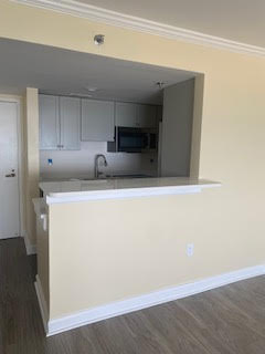 A bright, empty kitchen with light-colored walls and flooring. It features white cabinetry, a gray countertop, a stainless steel sink, and a microwave above the counter. A high half-wall separates the kitchen from the adjacent space.