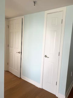 A room corner with light blue walls features two white doors with silver handles and framed panels. The doors are side by side, with a wood floor beneath.