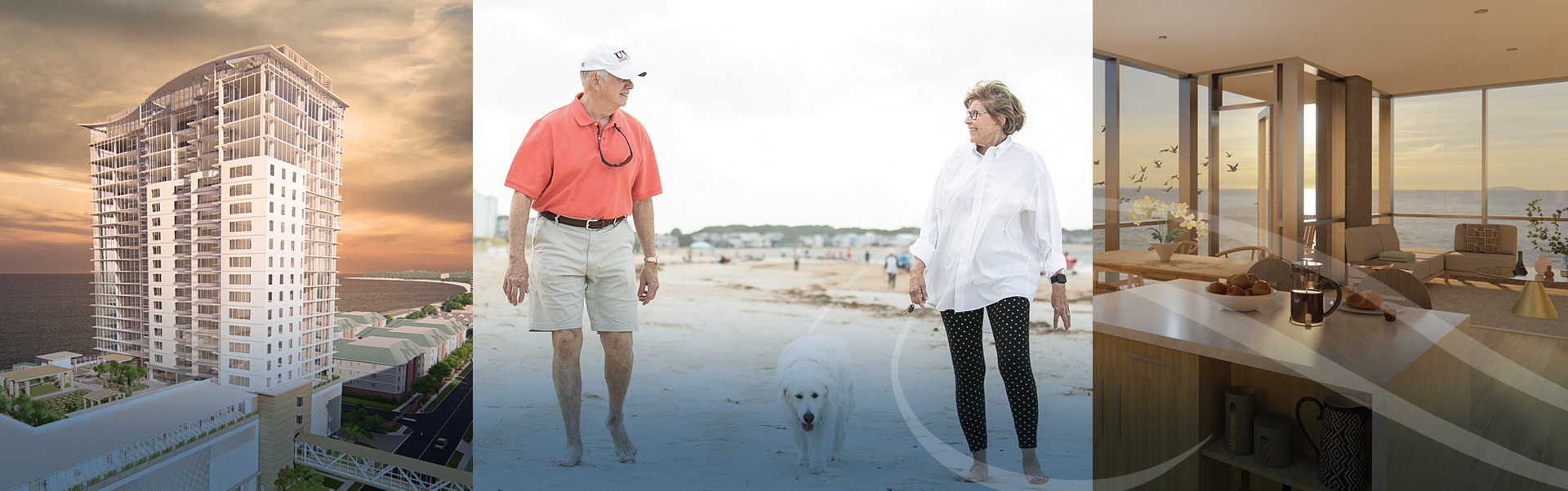 A split image showing a modern high-rise building, an elderly couple walking a dog on a beach, and a luxurious apartment interior with ocean views and elegant decor.