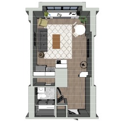 Birds-eye view of a rectangular apartment layout featuring a living room with a sofa, coffee table, and rug, an open kitchen, a dining area with a round table, and a bathroom. Two plants are near the windows.