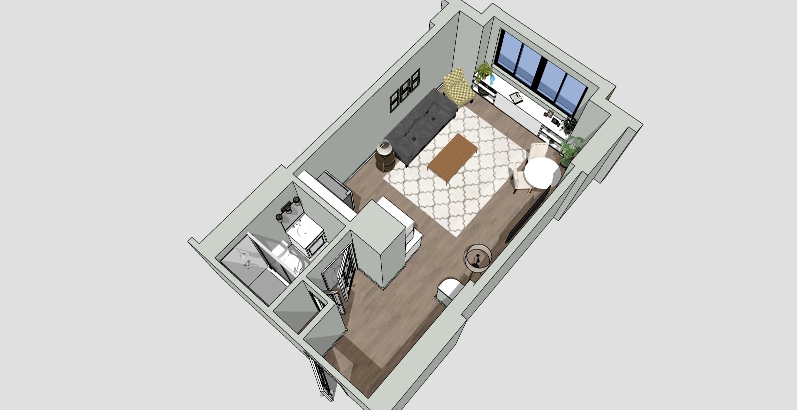 3D rendering of a small, modern apartment layout. Features include a living area with a sofa, TV, and rug, a small kitchen with countertops, and a bathroom. A window provides natural light, highlighting the minimalist design and wooden flooring.