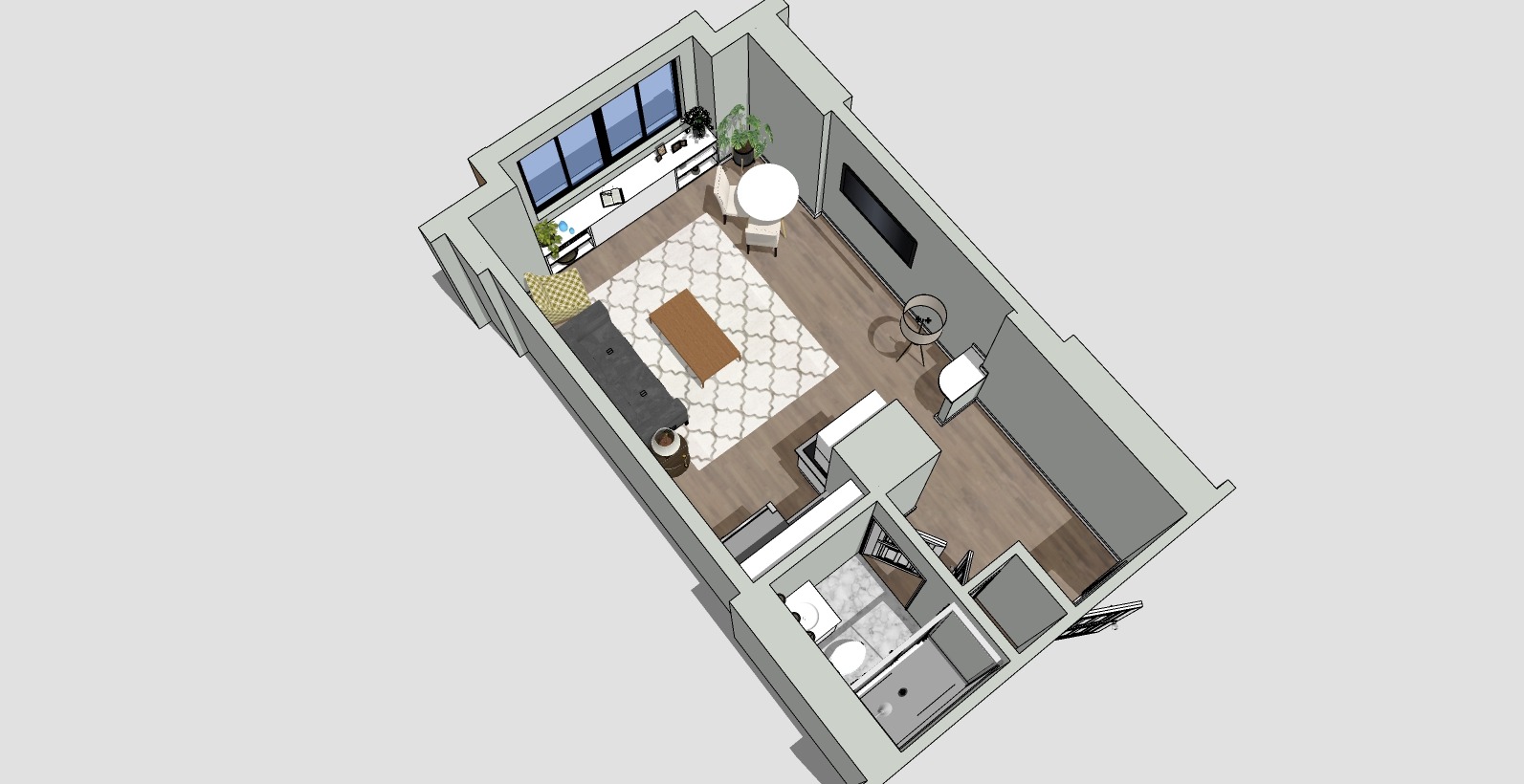 3D floor plan of a modern room featuring a seating area with a gray sofa, a coffee table, a TV, and a rug. A bathroom with a shower is adjacent, along with a small kitchen area near the entrance. Large windows provide natural light.