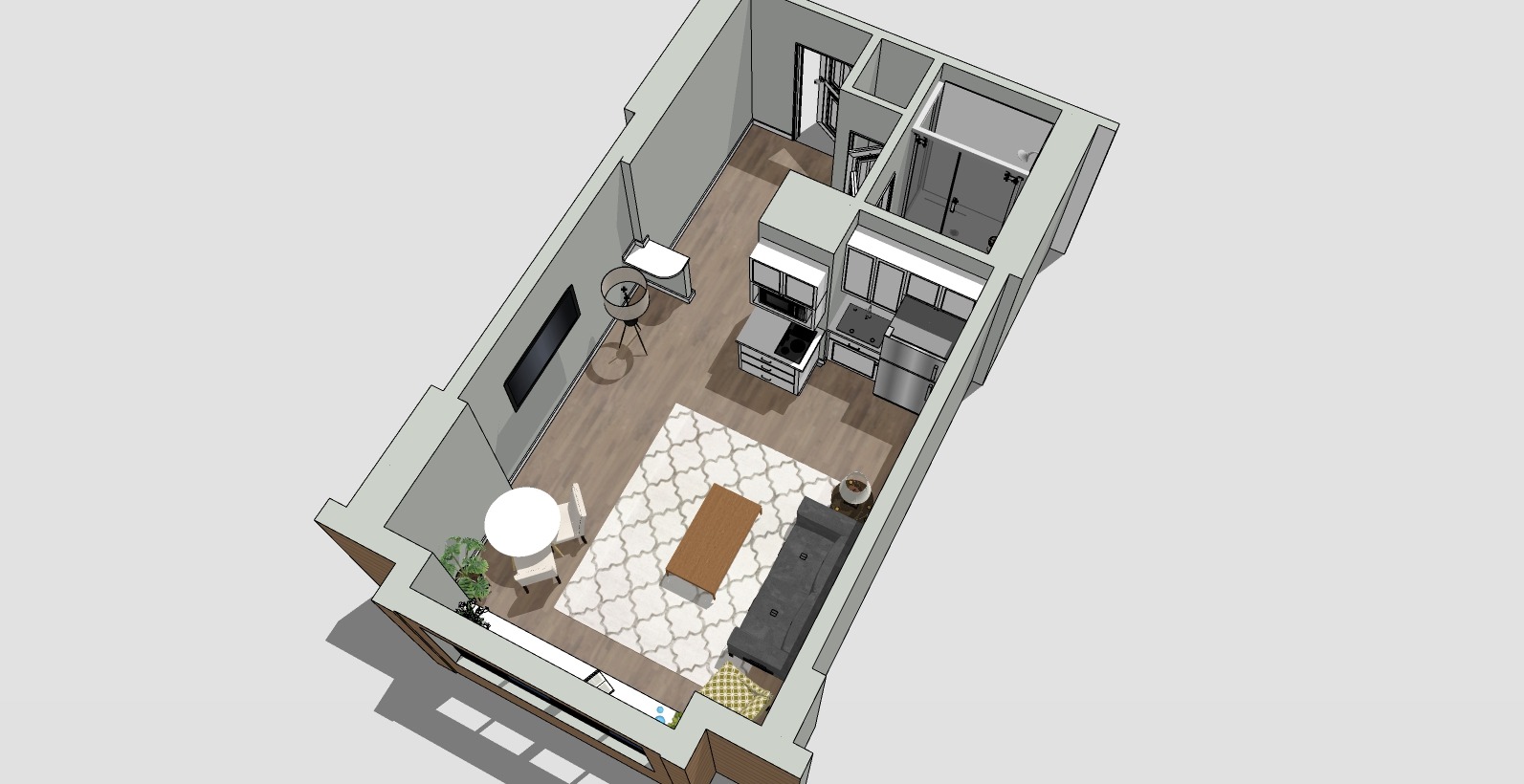 3D rendering of an open-concept living space with a seating area, TV, dining table, and kitchen. Neutral tones and wooden flooring create a modern aesthetic. A plant and wall-mounted shelf add decor accents.