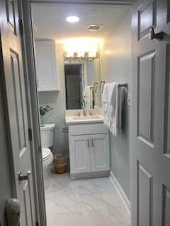 A small bathroom with white cabinets and a sink, a toilet, and a mirror above the sink. Towels hang on the wall to the right, and a small plant sits near the toilet. The room is well-lit with ceiling lights.
