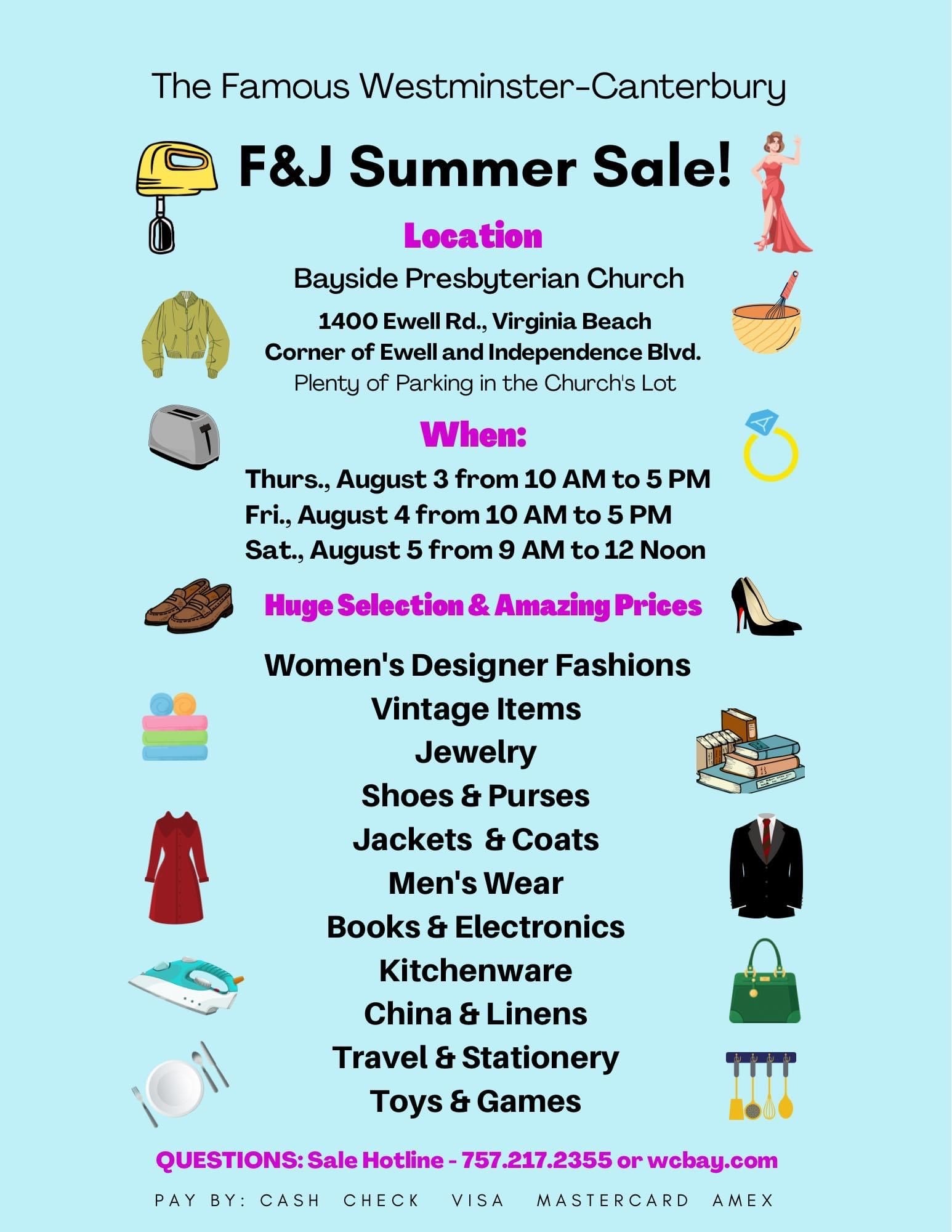 Promotional flyer for the F&J Summer Sale at Bayside Presbyterian Church in Virginia Beach. Dates are August 3-5, 2023. Items include fashions, jewelry, books, and more. Payment methods: cash, check, cards. Sale hotline provided.