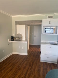 A small, modern kitchen with light green walls and wooden flooring. Features a white cabinet, a built-in microwave above a counter, and a small shelf holding a coffee maker and dish rack. An open doorway leads to another room.