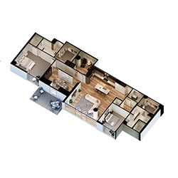 Isometric floor plan of a modern apartment featuring a living room, kitchen, dining area, two bedrooms, and two bathrooms. The layout includes a balcony with outdoor seating, using a mix of wood and neutral tones.