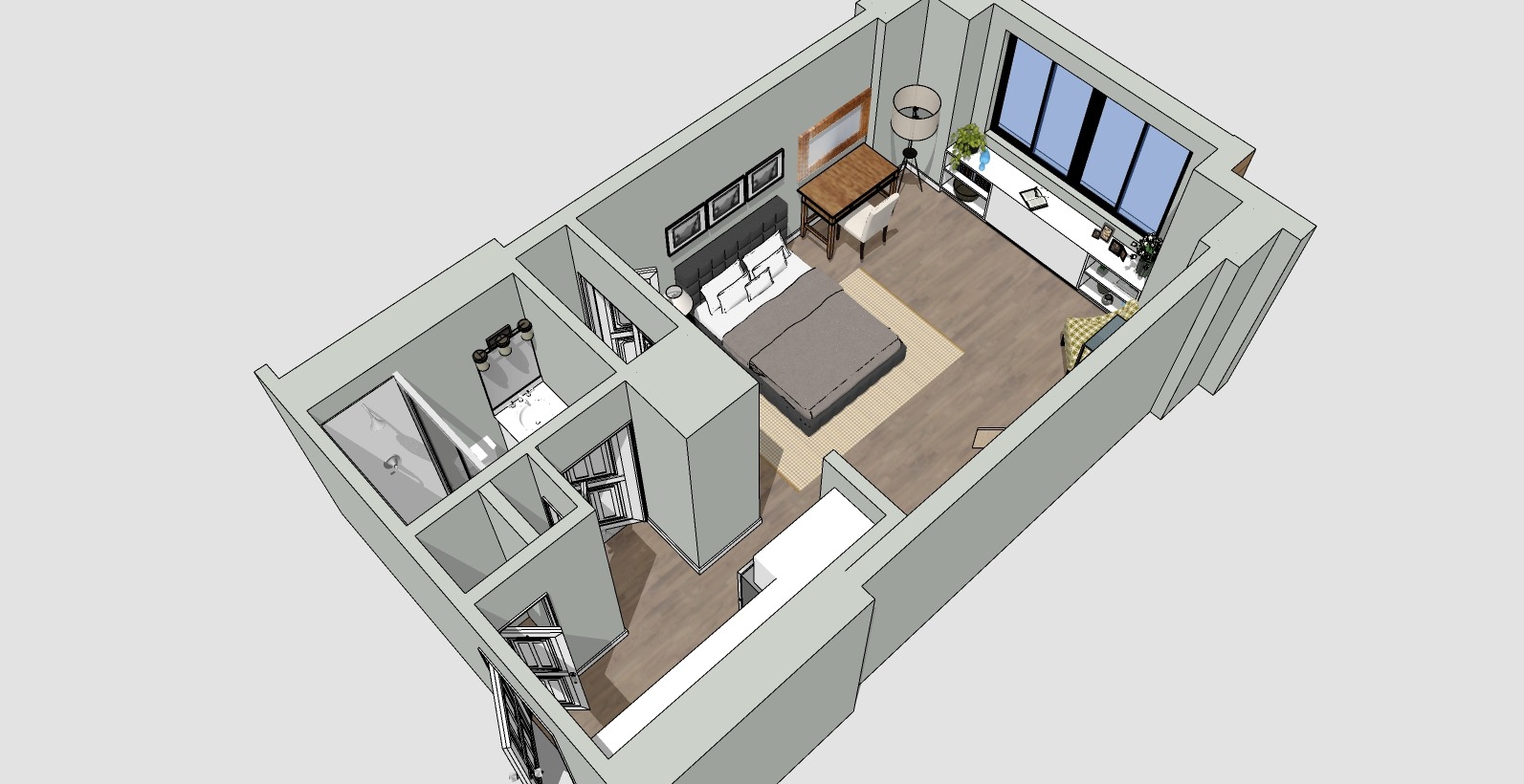 3D floor plan of a modern studio apartment, featuring a bed, desk, and large windows. The layout includes a small kitchen, bathroom, and living area with minimalist decor and neutral tones.