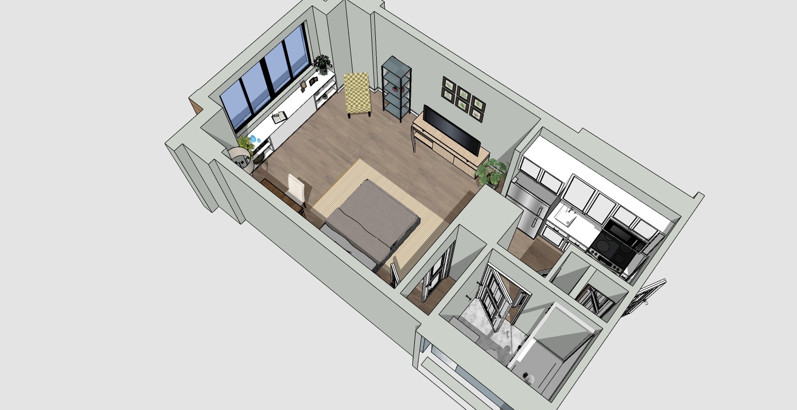 3D rendering of a small apartment with a bedroom, living area, and kitchenette. The layout includes a bed, desk, couch, TV, and windows. Theres a small bathroom and entryway with a closet. Minimalist, open-plan design with light-colored walls and flooring.