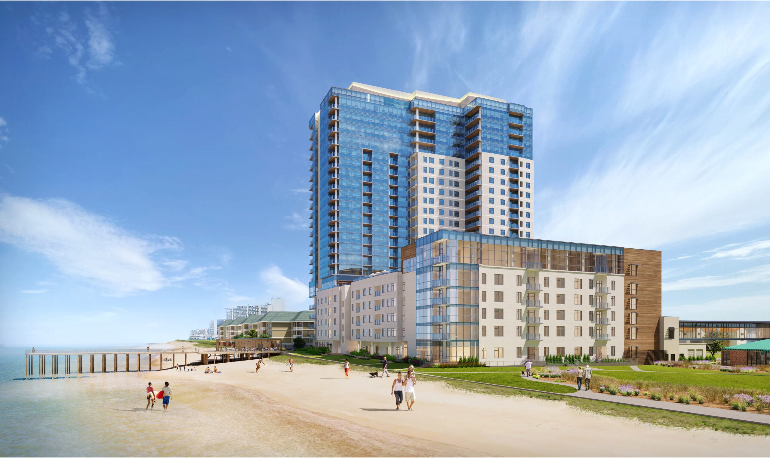 A modern beachfront high-rise with glass windows towering over a sandy beach. People are walking and relaxing on the shore under a clear blue sky. Waves gently lap at the shoreline, bordered by a pier extending into the sea.