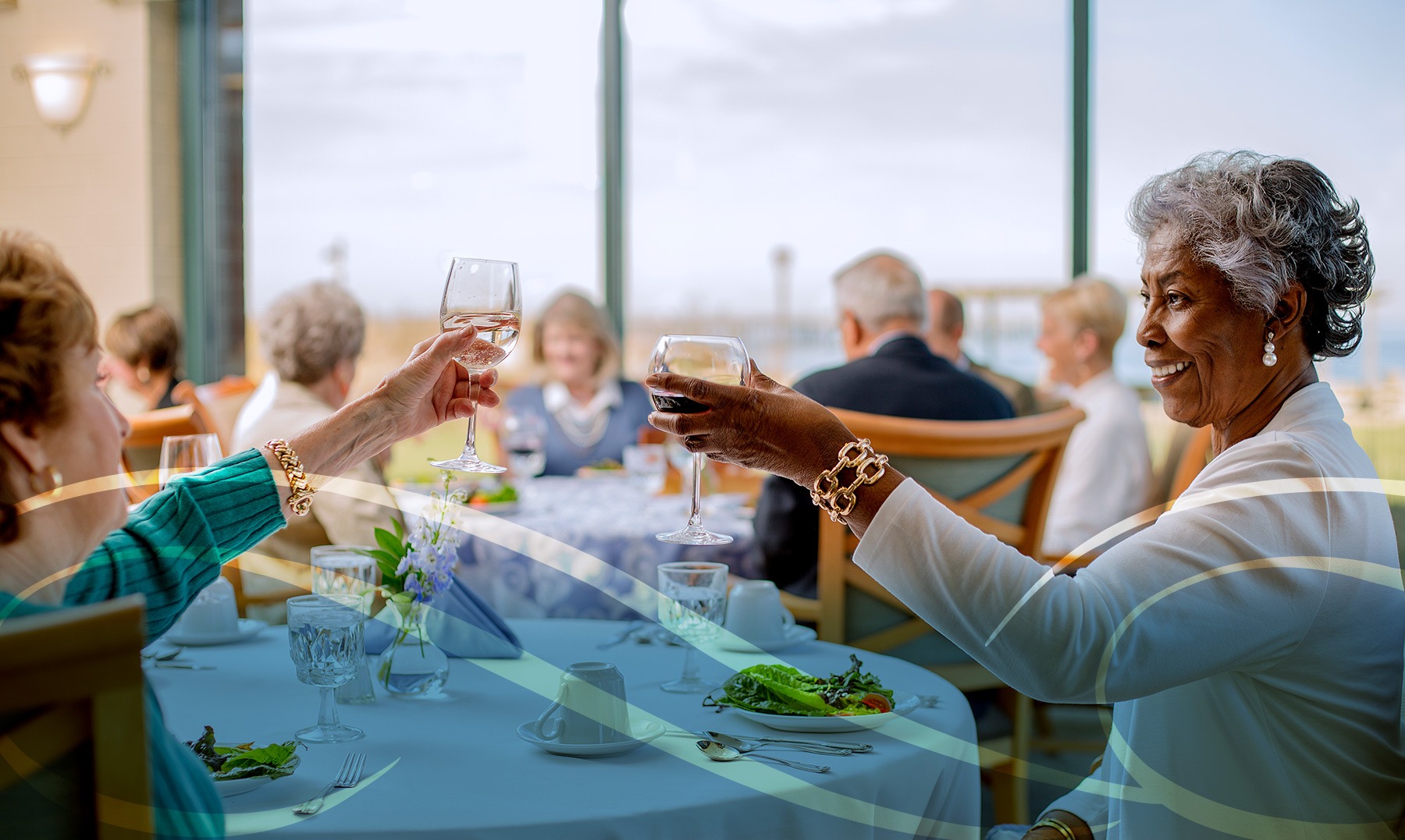 A group of elderly people sit together at a dining table, raising wine glasses in a toast. The room has large windows with a view outside, and the table is set with dishes and salads. The atmosphere is joyful and social.