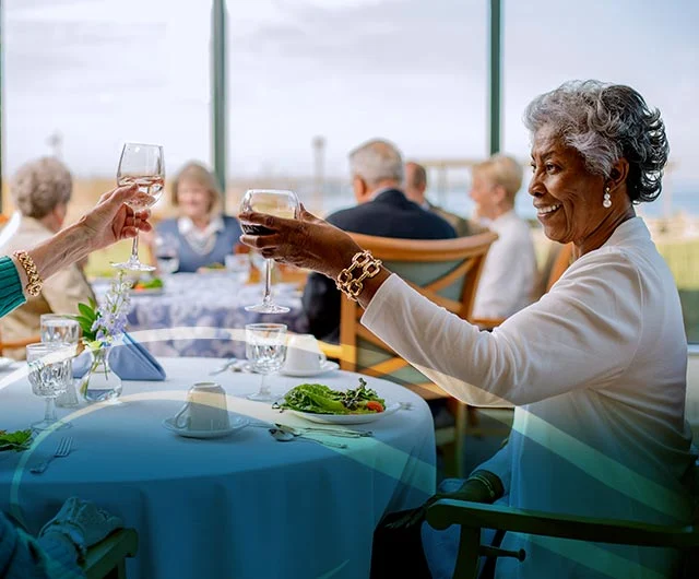 A group of elderly people sitting around a dining table in a bright room, raising their glasses in a toast. A woman in the foreground wears a white blouse and gold bracelet. Plates with salad, cups, and vases are on the table. Large windows in the background.