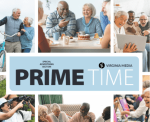 A collage of happy older adults engaged in various activities: cycling, having coffee, sharing a meal, using a tablet, and dancing. The center text reads Prime Time, a special advertising section by Virginia Media.