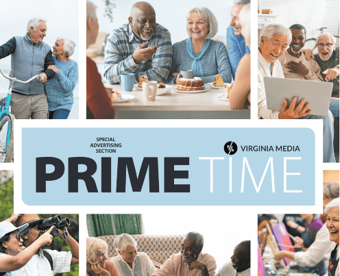 A collage of happy older adults engaged in various activities: cycling, having coffee, sharing a meal, using a tablet, and dancing. The center text reads Prime Time, a special advertising section by Virginia Media.
