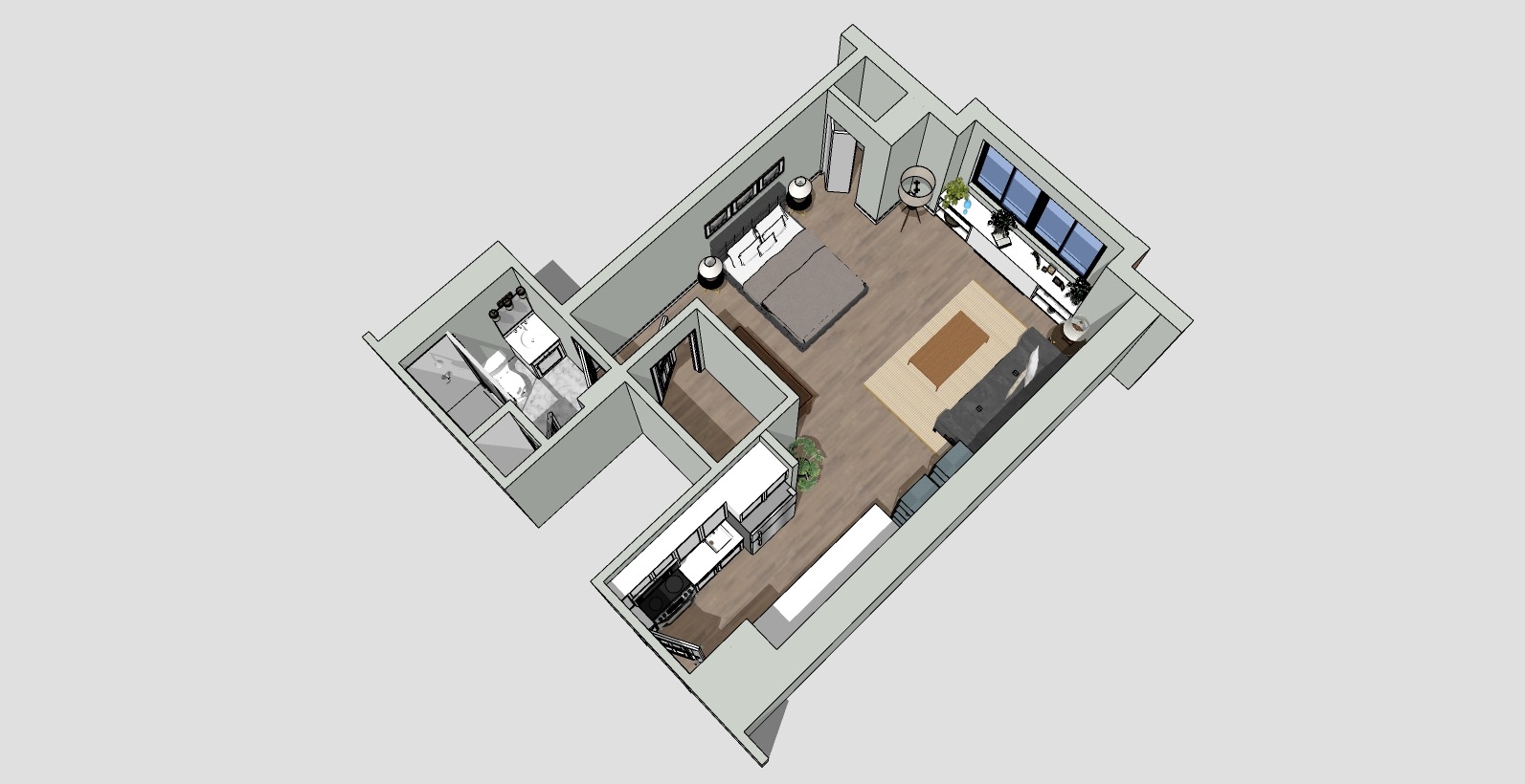 3D rendering of a small apartment layout featuring a bedroom with a bed and nightstands, a living area with a sofa, a TV, and a workspace by the window, along with a bathroom and kitchen area.