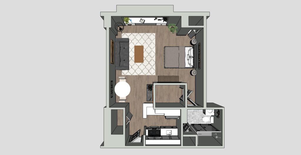 A 3D floor plan showing a compact studio apartment. The layout includes a bedroom area with a bed, a living area with a sofa and TV, a small dining table, a kitchen, and a bathroom. Wooden flooring and a neutral color palette are featured.