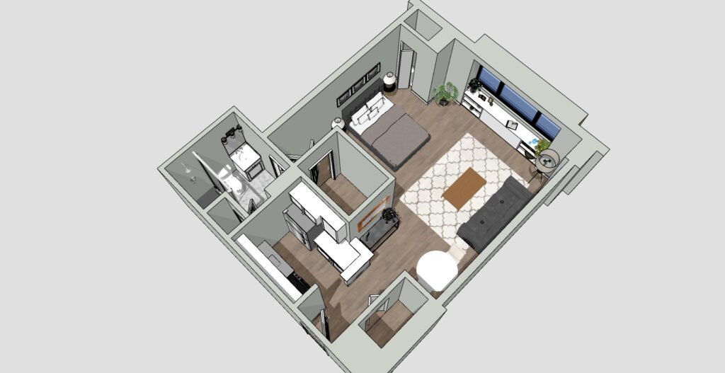 3D floor plan of an apartment featuring a living room with a sofa and TV, a dining area, a kitchen with appliances, a bedroom with a bed and nightstands, and a bathroom. The layout is modern with neutral colors and large windows.