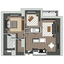 Floor plan of a two-bedroom apartment with a living room, kitchen, dining area, and two bathrooms. The bedrooms and living room have large windows, and there is a small balcony connected to the living room.