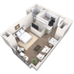 3D floor plan of a modern studio apartment with an open layout. It includes one bedroom with a bed, a living area with a sofa and TV, a dining area with a table and chairs, and a kitchen with appliances. The decor is minimalist, with wood floors and neutral tones.