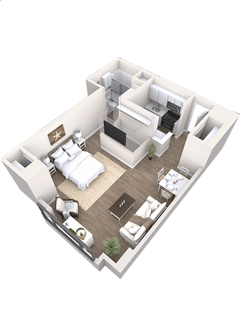 3D floor plan of a modern studio apartment with an open layout. It includes one bedroom with a bed, a living area with a sofa and TV, a dining area with a table and chairs, and a kitchen with appliances. The decor is minimalist, with wood floors and neutral tones.