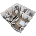 A 3D floor plan of a modern one-bedroom apartment. Includes an open living area with a couch and TV, a dining table, a kitchen with appliances, a bedroom with a bed, and a closet. Wood flooring throughout and large windows along one wall.