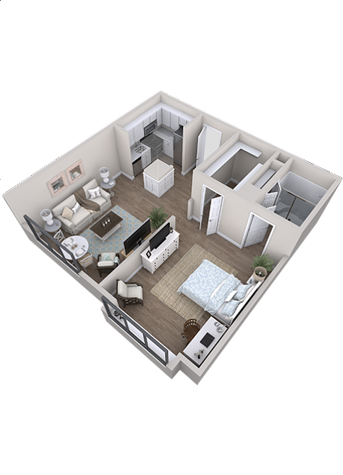A 3D floor plan of a modern one-bedroom apartment. Includes an open living area with a couch and TV, a dining table, a kitchen with appliances, a bedroom with a bed, and a closet. Wood flooring throughout and large windows along one wall.